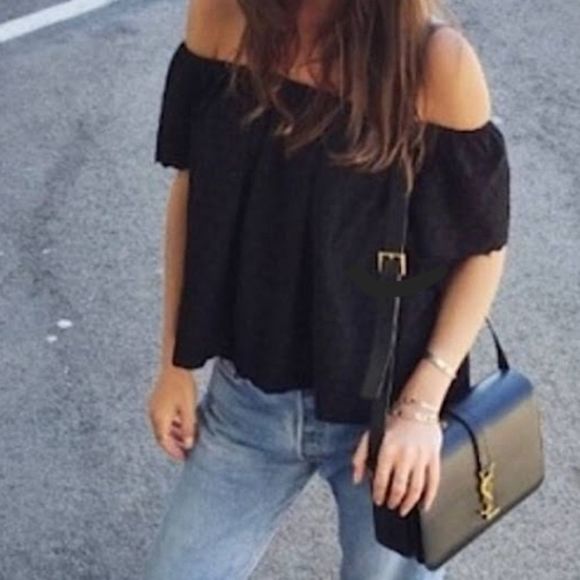 ZARA Black Cotton Eyelet Off The Shoulder Cropped Blouse Size Small - Picture 1 of 5